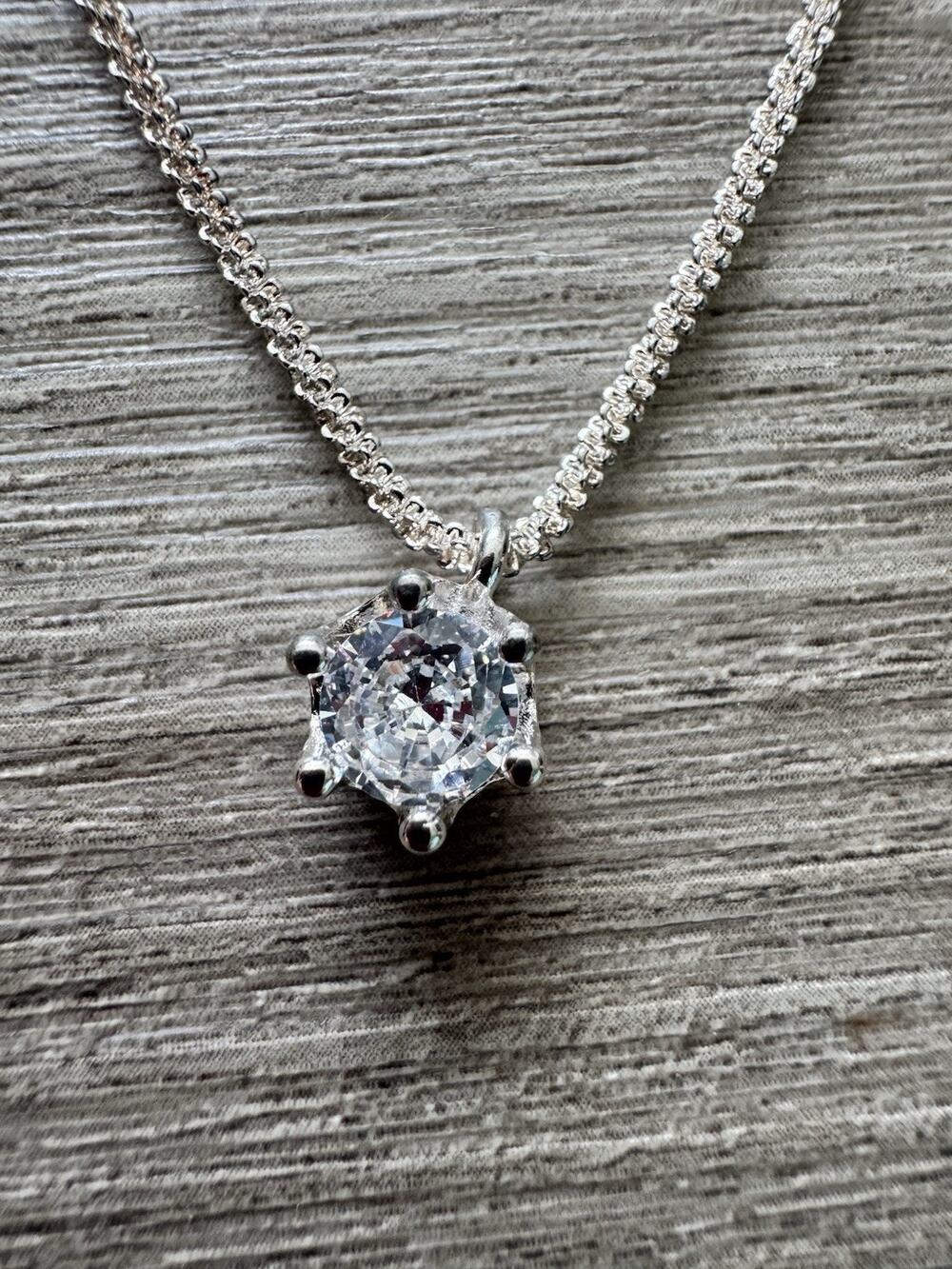 Silver Tone Solitaire Clear Crystal Pendant Necklace Adjustable Chain